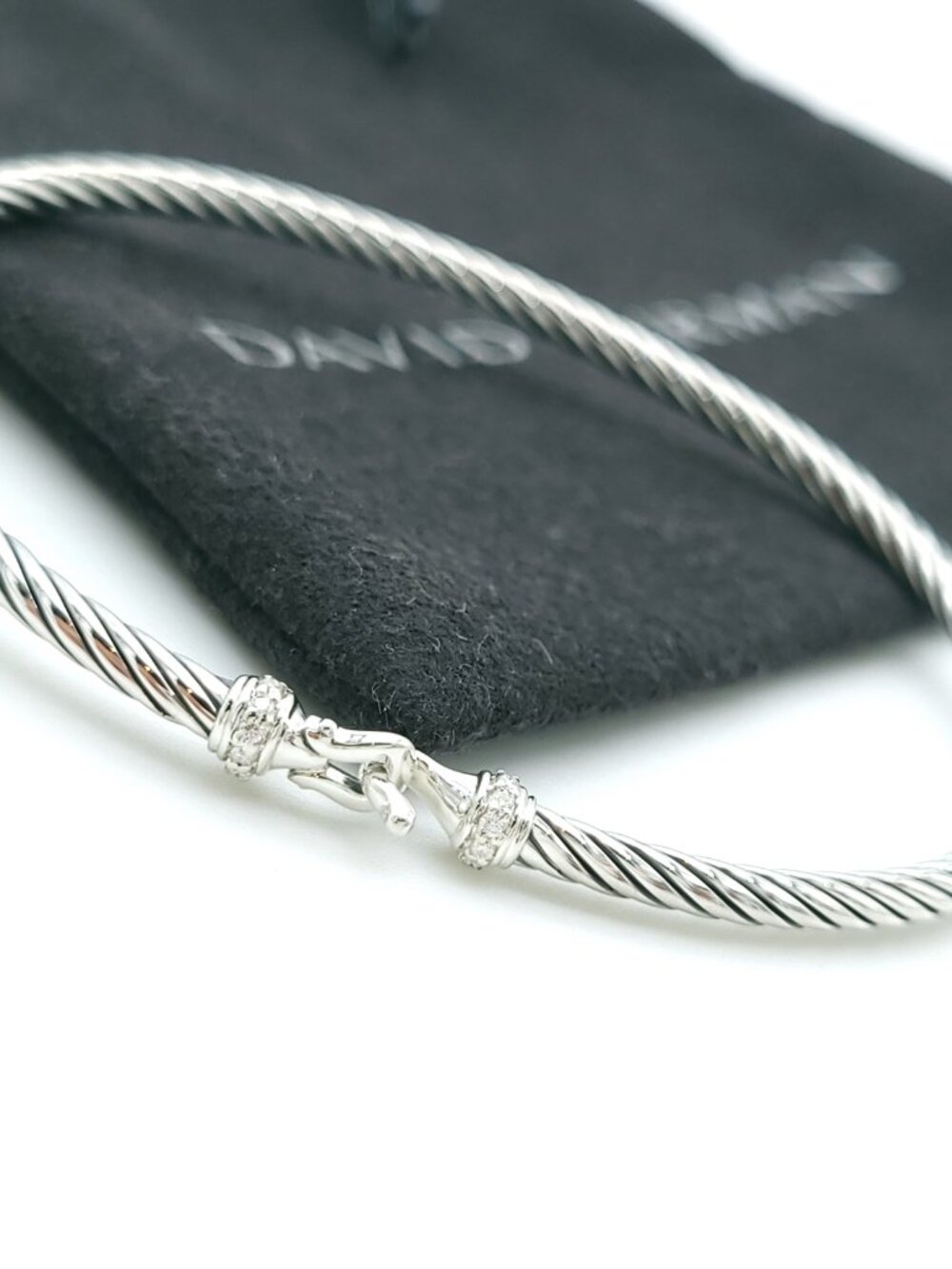 David Yurman Sterling Silver Classis Cable 3mm Diamond Buckle Bangle Bracelet
